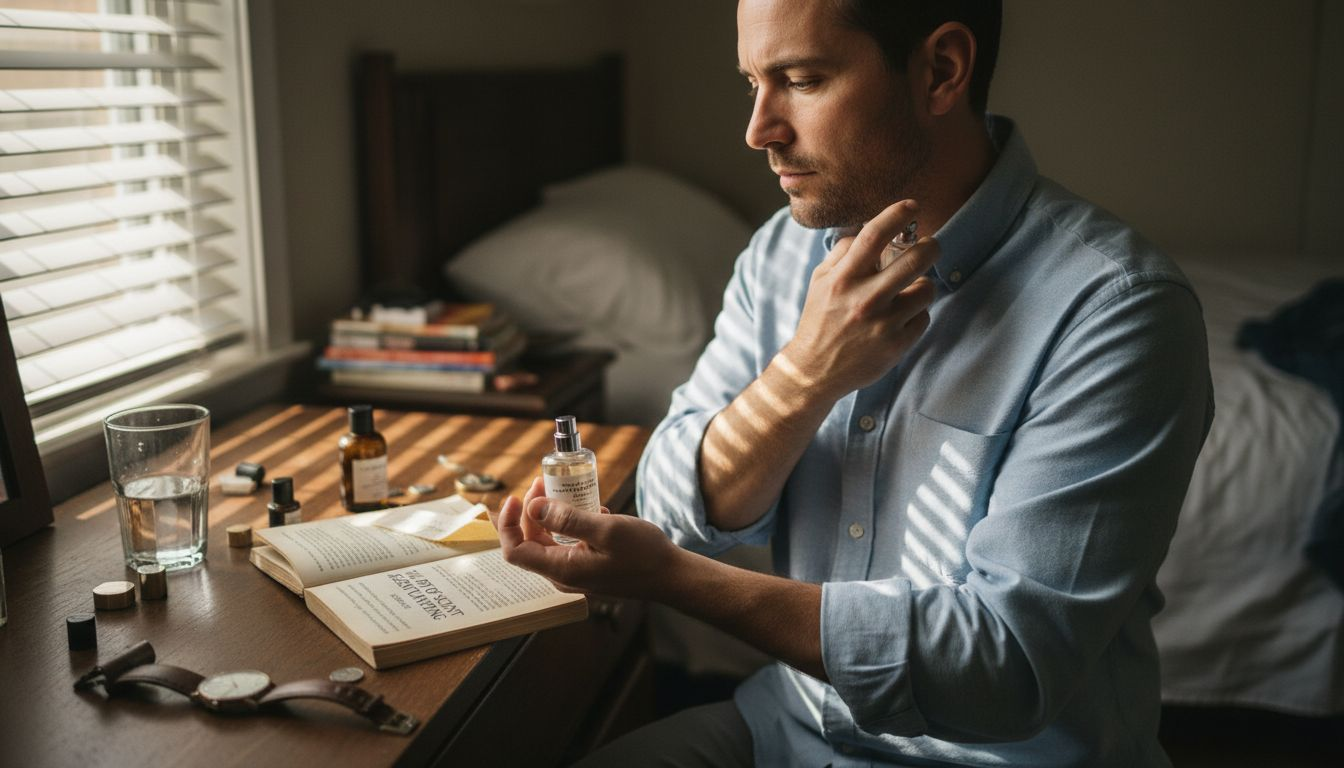 Man layering perfumes following guide