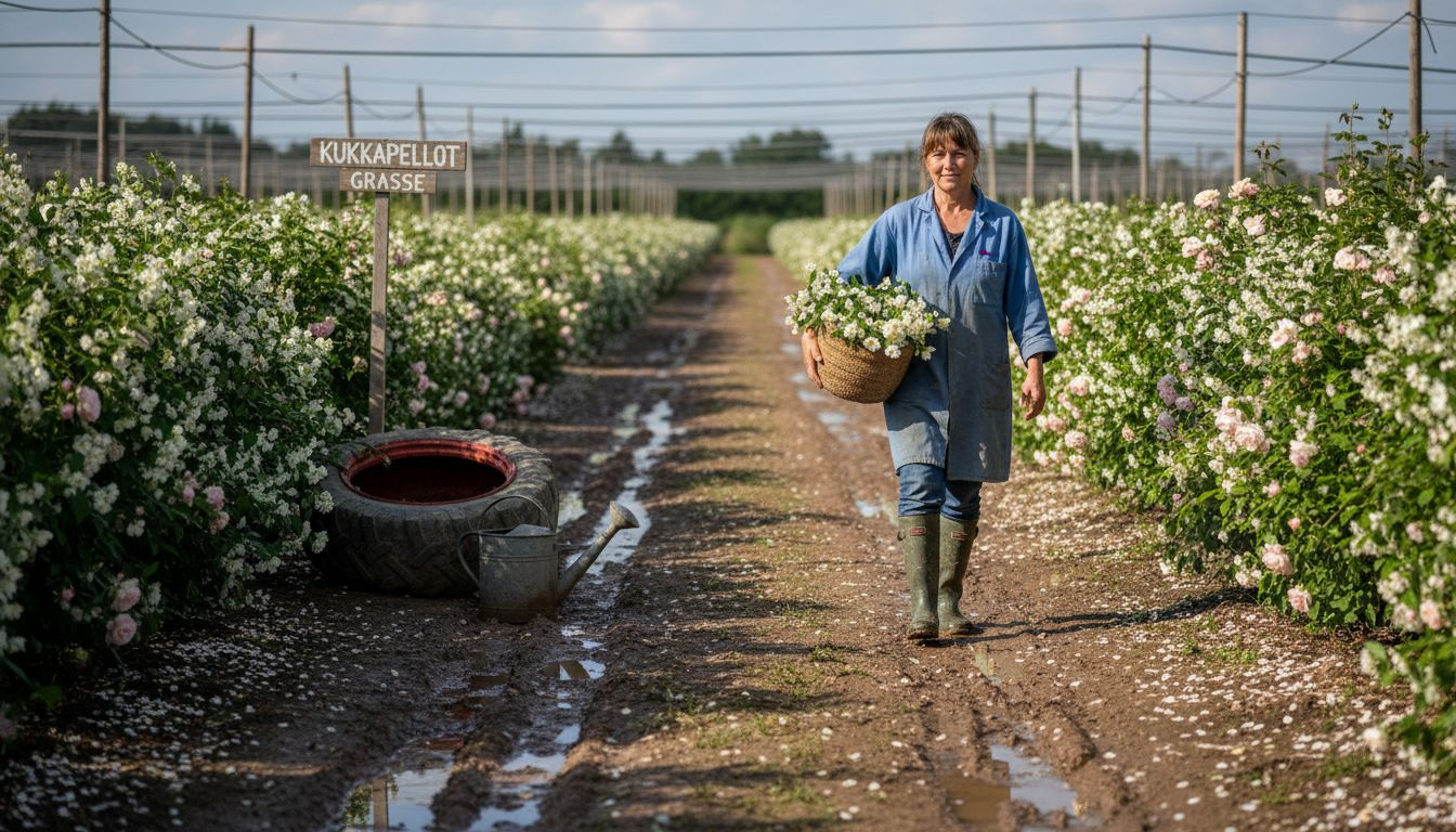 Kukkien poiminta Grassessa: tuoksujen pääkaupungin kukkapellot heräävät varhain aamulla eloon, kun sadonkorjaajat keräävät käsin tuoksuvia ruusuja ja jasmiineja hajuvesien valmistusta varten.