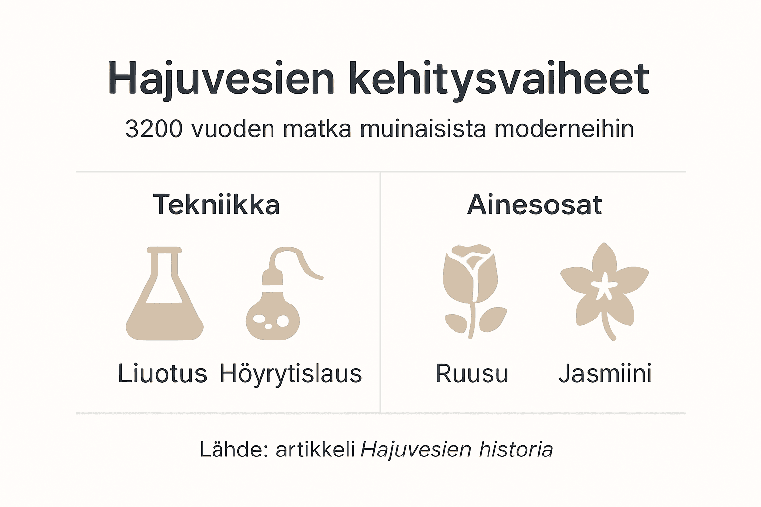 Hajuvesien historian vaiheita havainnollistava infografiikka