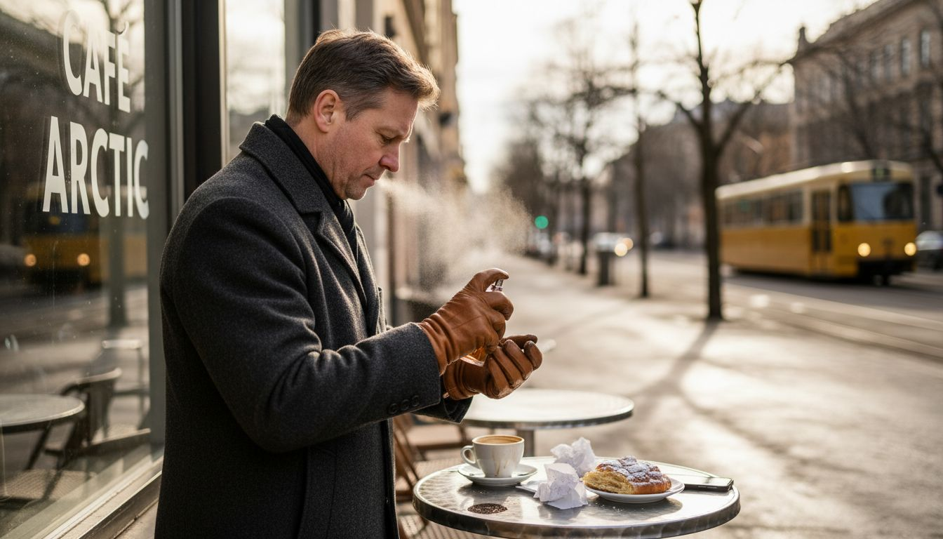 Man testing perfume in Helsinki winter