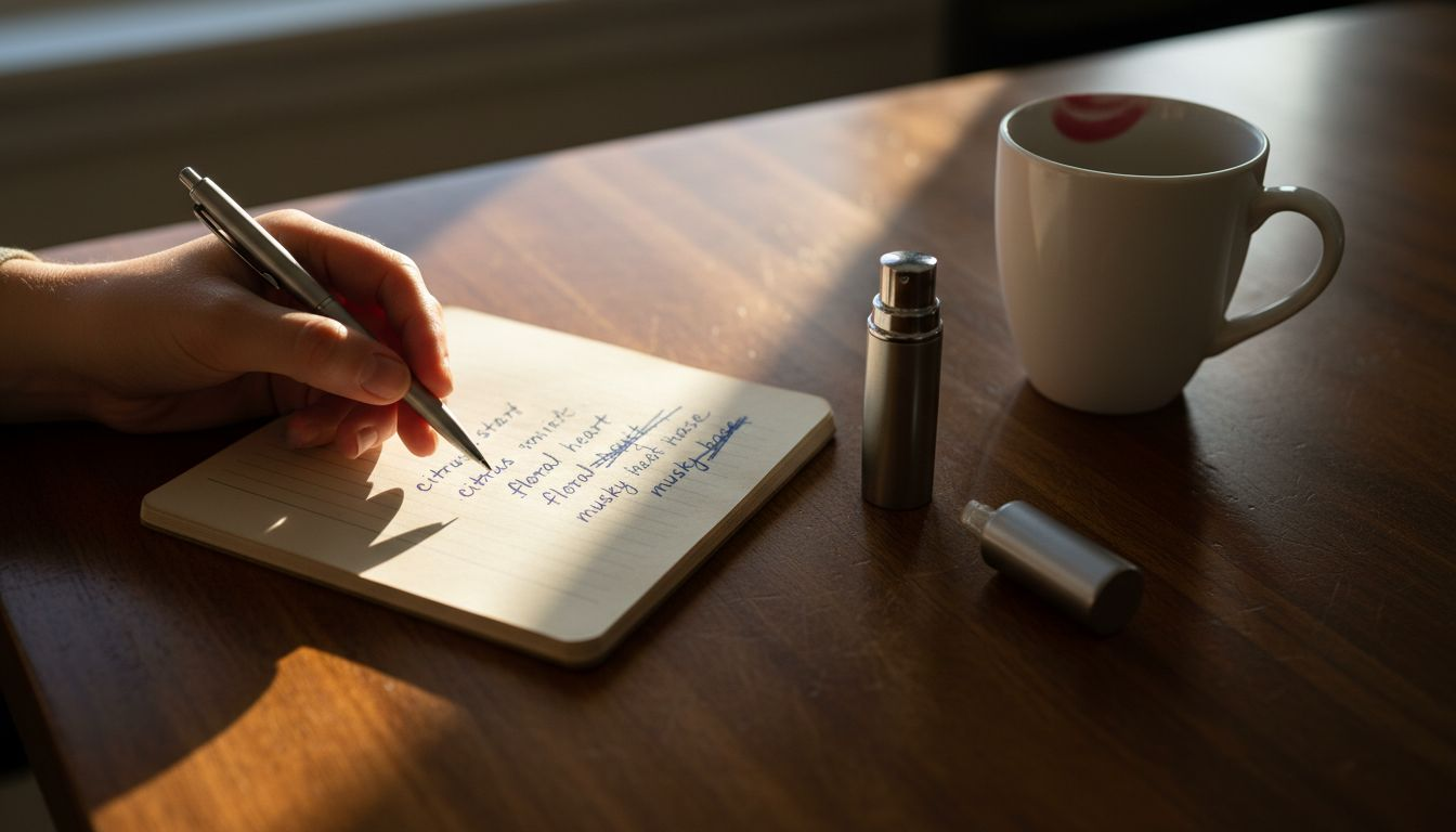 Hand writing perfume notes with samples nearby