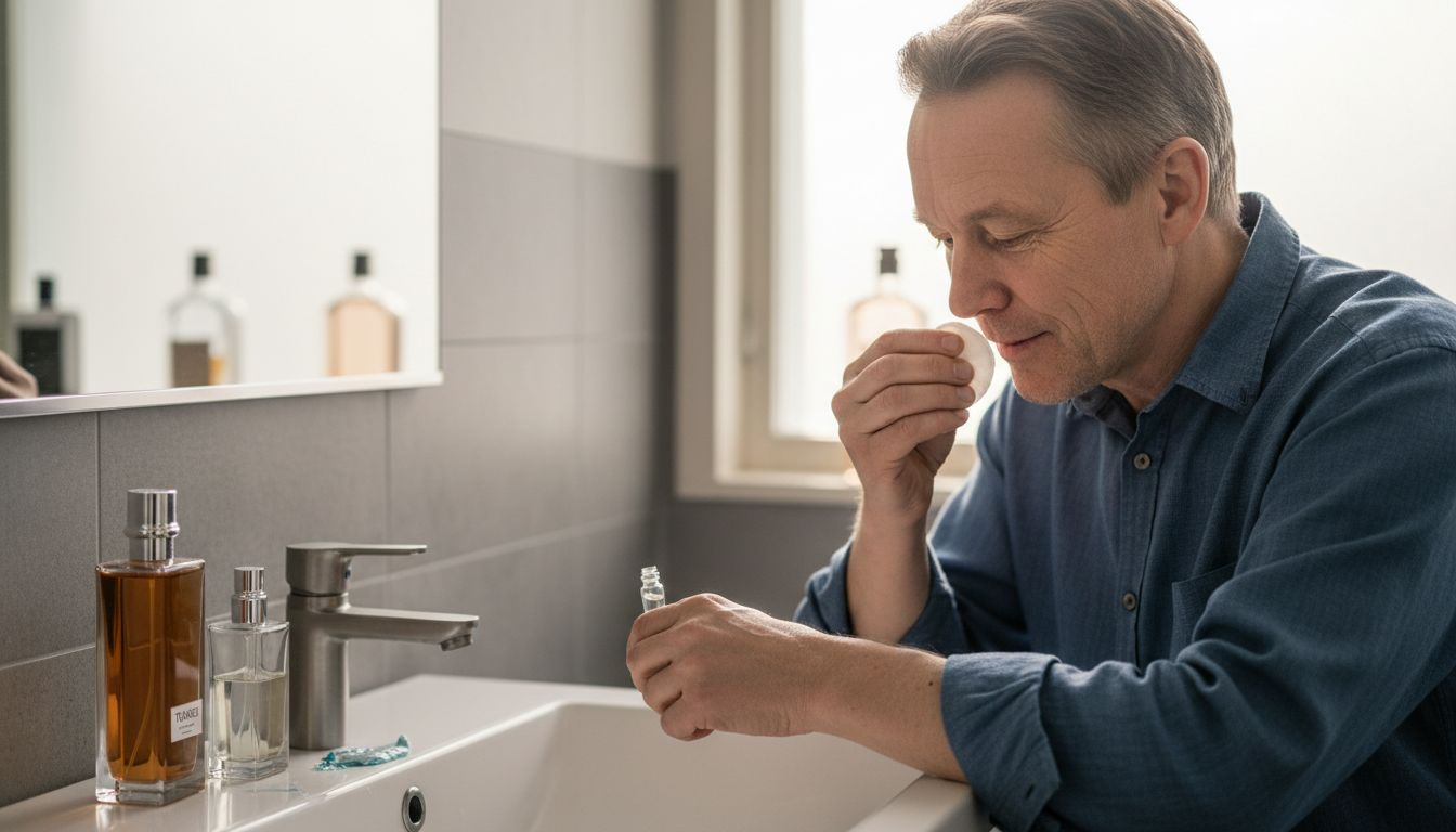 Mies testaa hajuvettä sivelemällä sitä kyynärvarteensa.