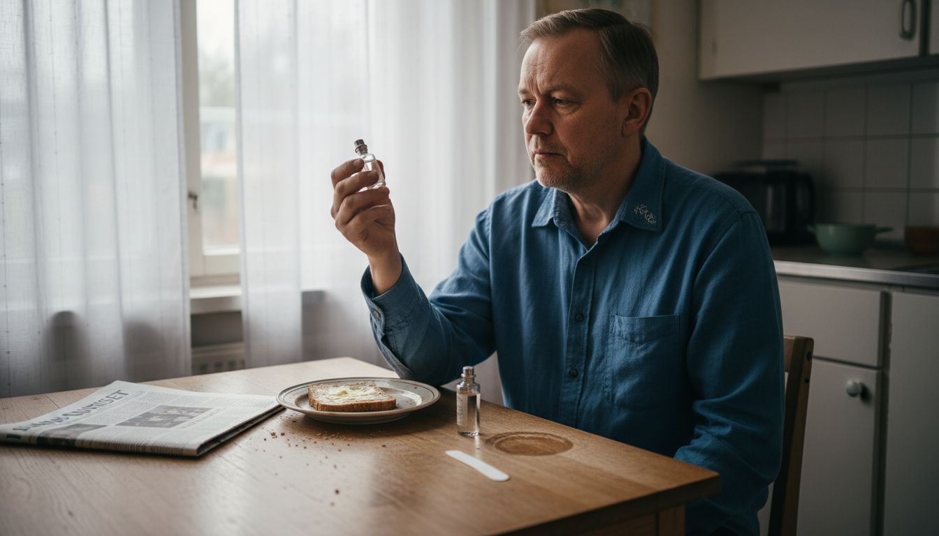 Mies istuu keittiön pöydän ääressä ja nuuhkii hajuvettänäytettä mietteliäänä.