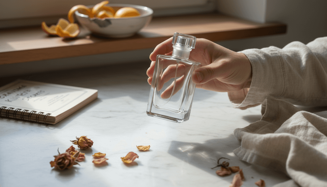 Hand holding perfume bottle with rare ingredients