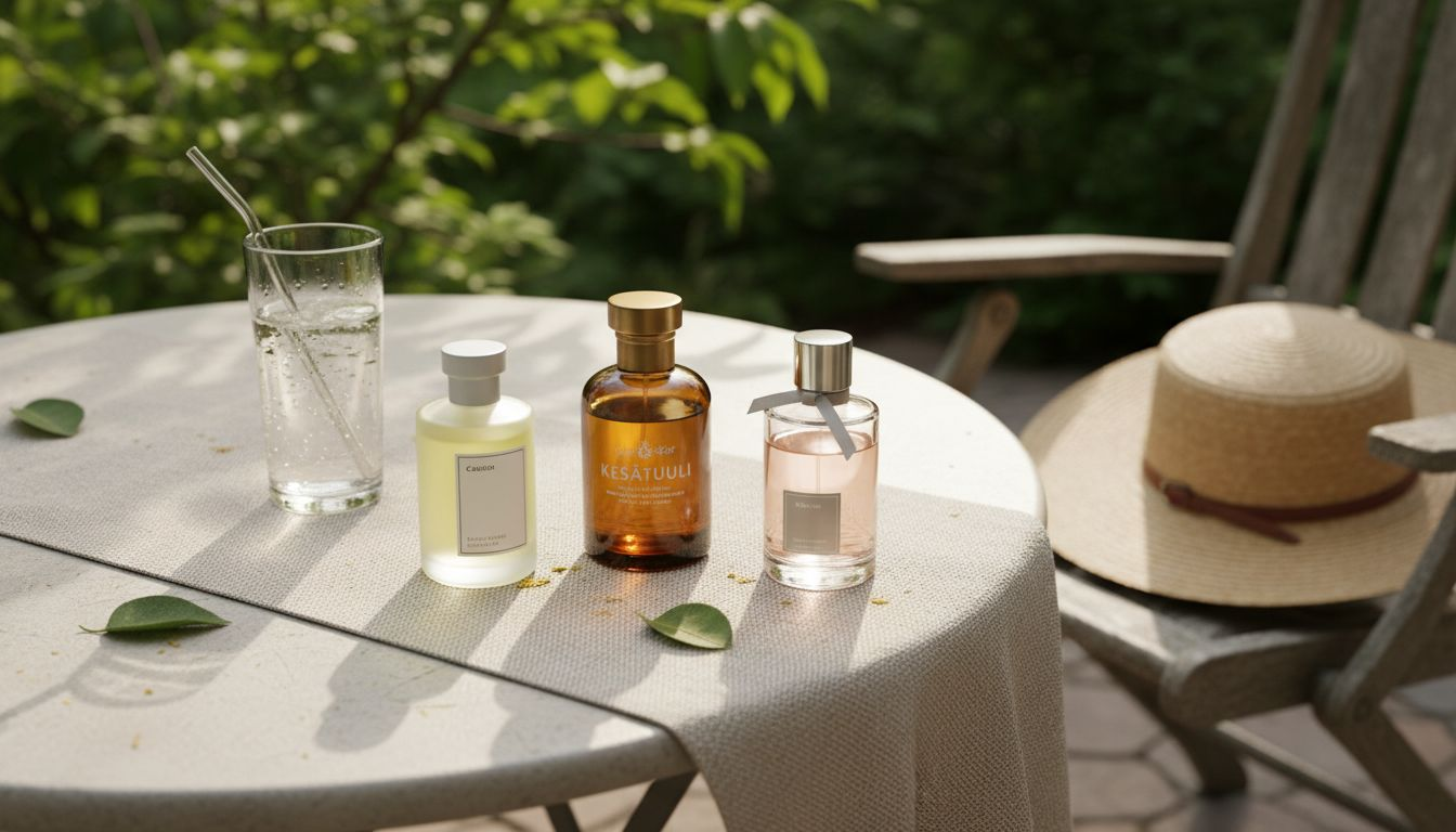 Kesäisen terassin pöydälle asetellut hajuvesipullot luovat tunnelmaa lämpimiin iltoihin.