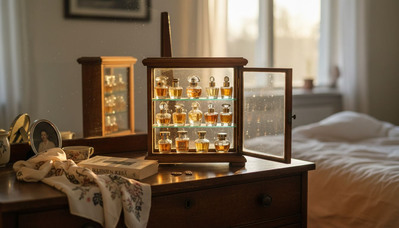 Avohyllyllä kauniisti esillä olevat lasiset hajuvesipullot