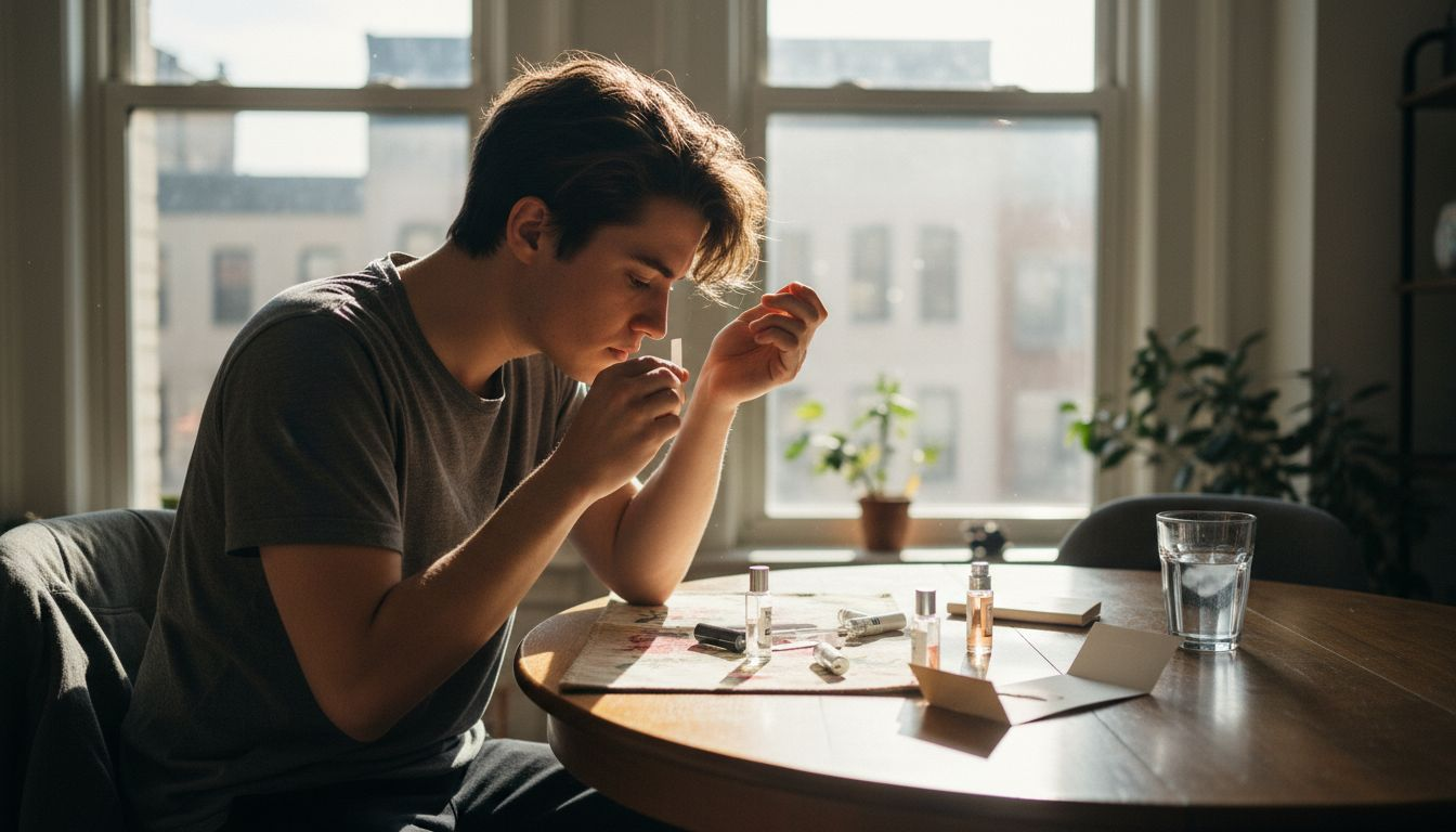 Person sampling unisex perfumes at home