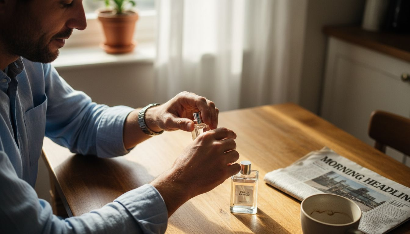 Man applying perfume to wrist at breakfast table