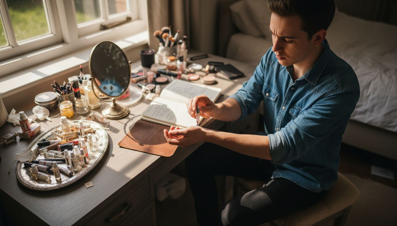 Person testing perfume on wrist at vanity