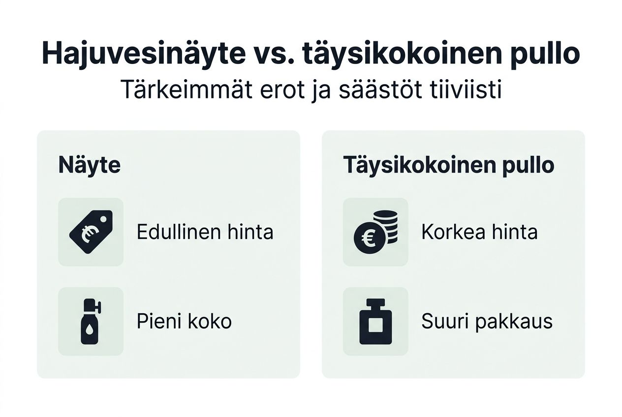 Infografiikka: näytepakkaus vai täysikokoinen pullo – mitä eroa niissä on?