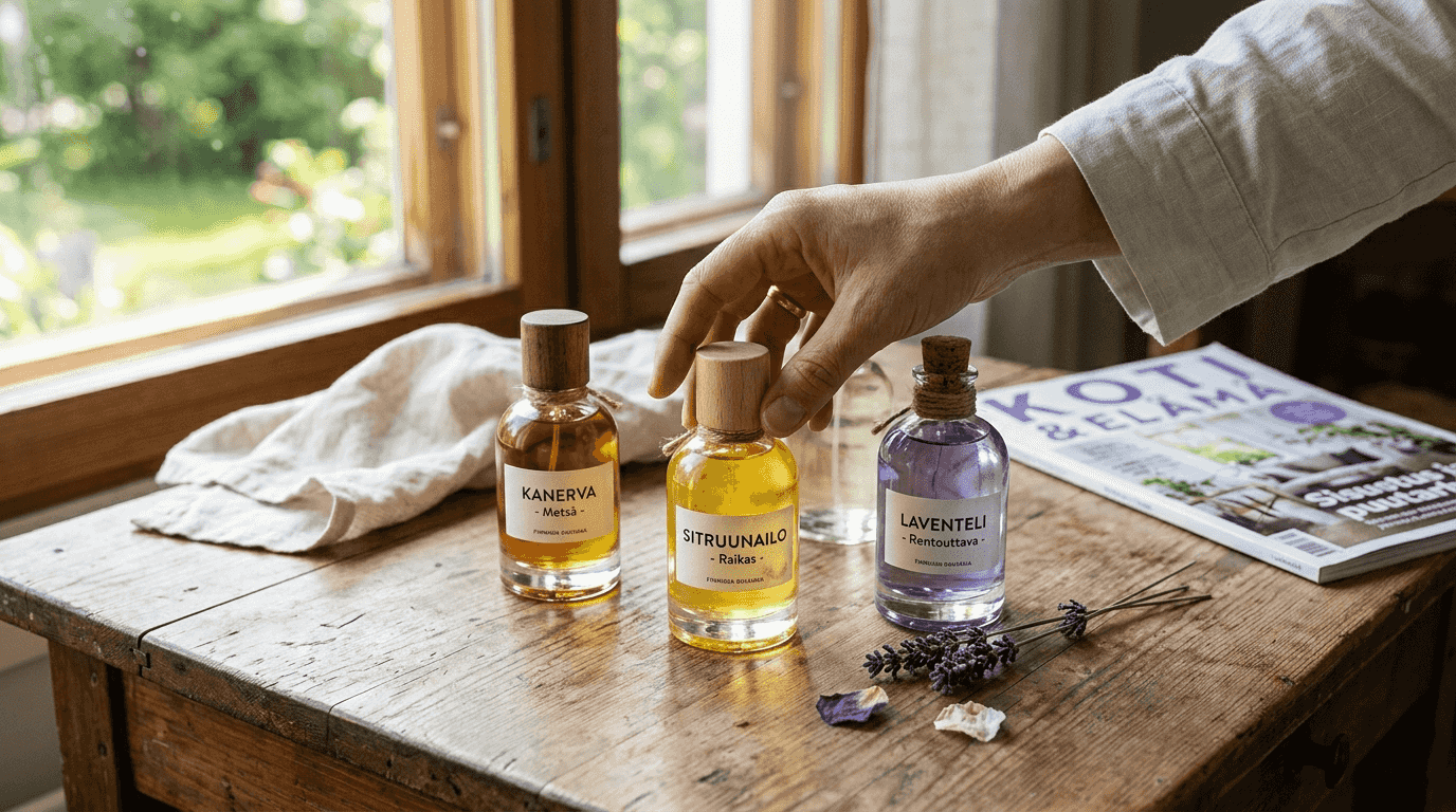 Monipuolinen valikoima hajuvesipulloja, joissa on luonnon inspiroimia yksityiskohtia.