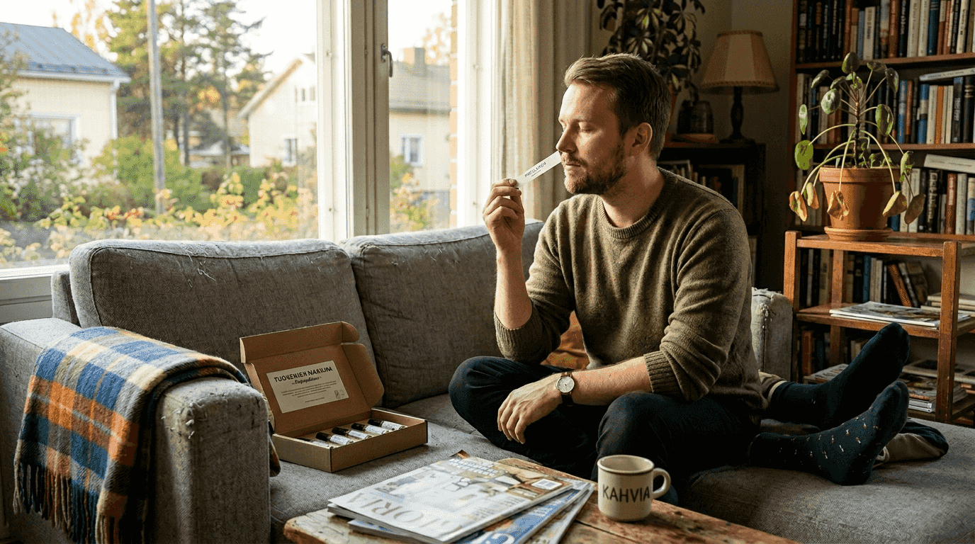 Mies tutkii tuoksujen ja tunteiden maailmaa kotonaan