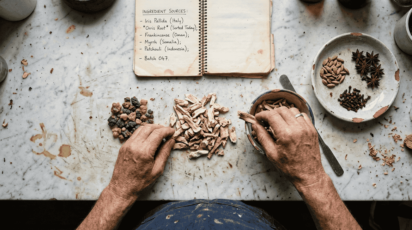 Hands selecting raw fragrance materials on marble bench