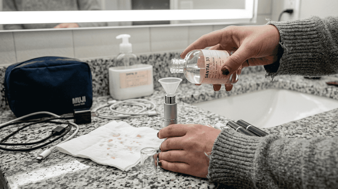 Filling travel atomizer on bathroom countertop