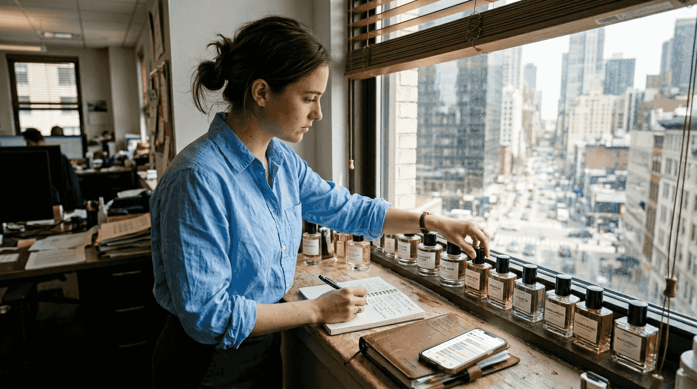 Perfume bottles and notes in corner office