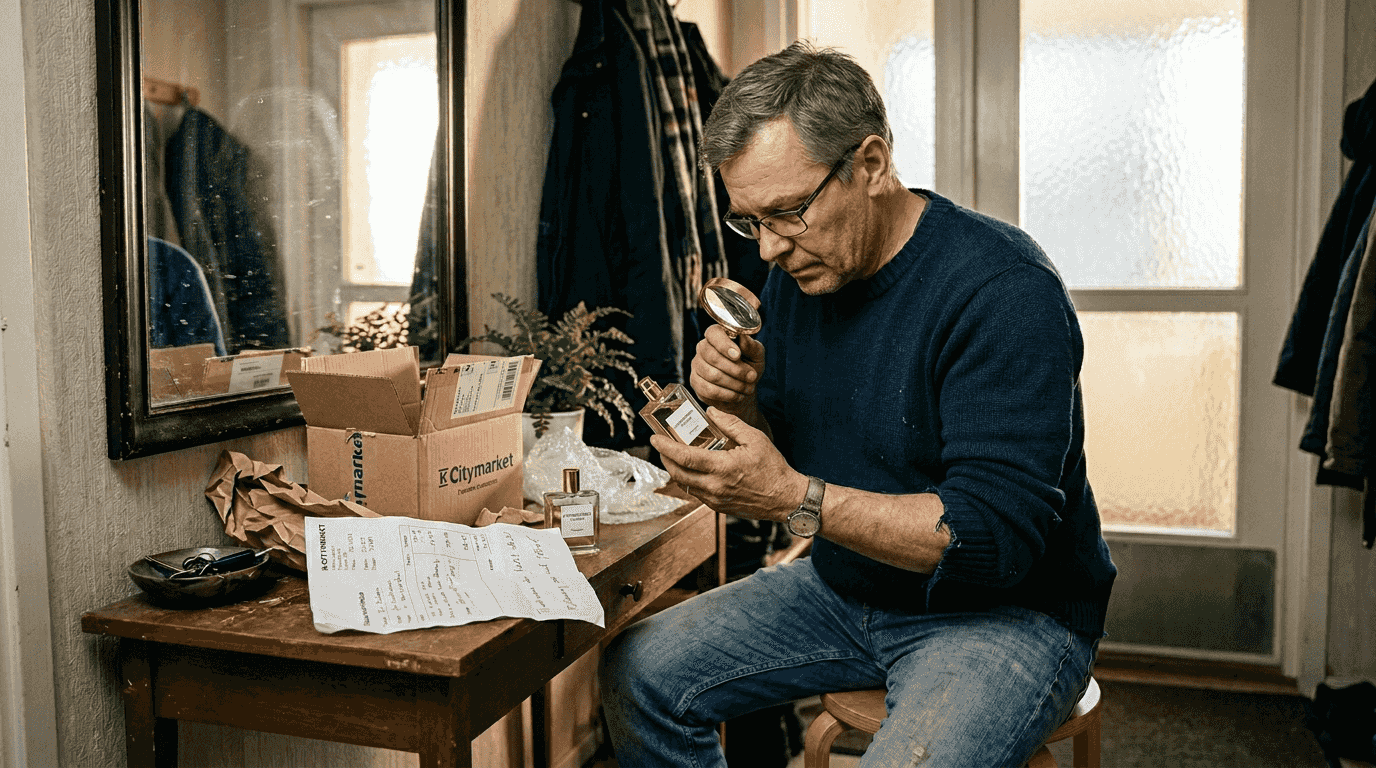 Mies tarkistaa, onko hajuvesipullo aito.