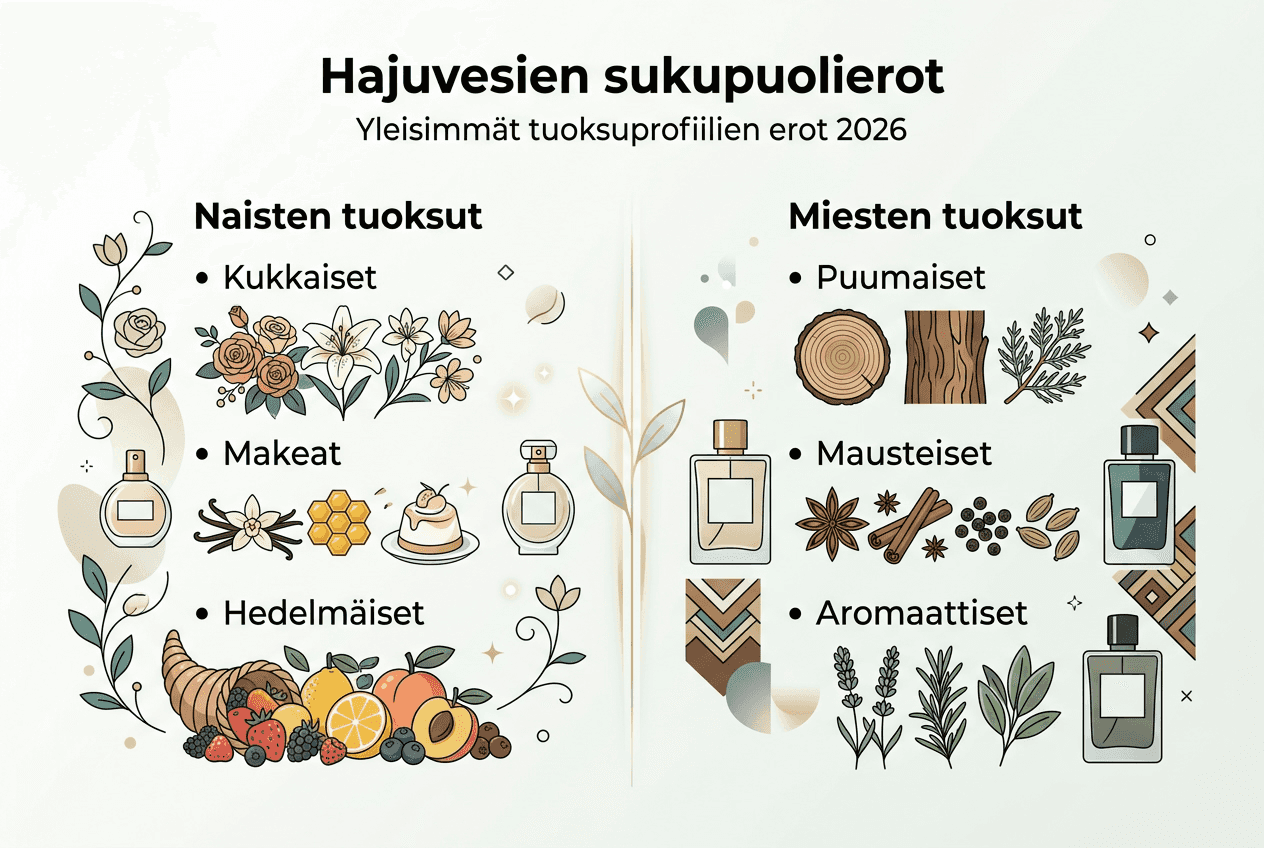 Kuvio: Miten miesten ja naisten suosimat tuoksut eroavat toisistaan