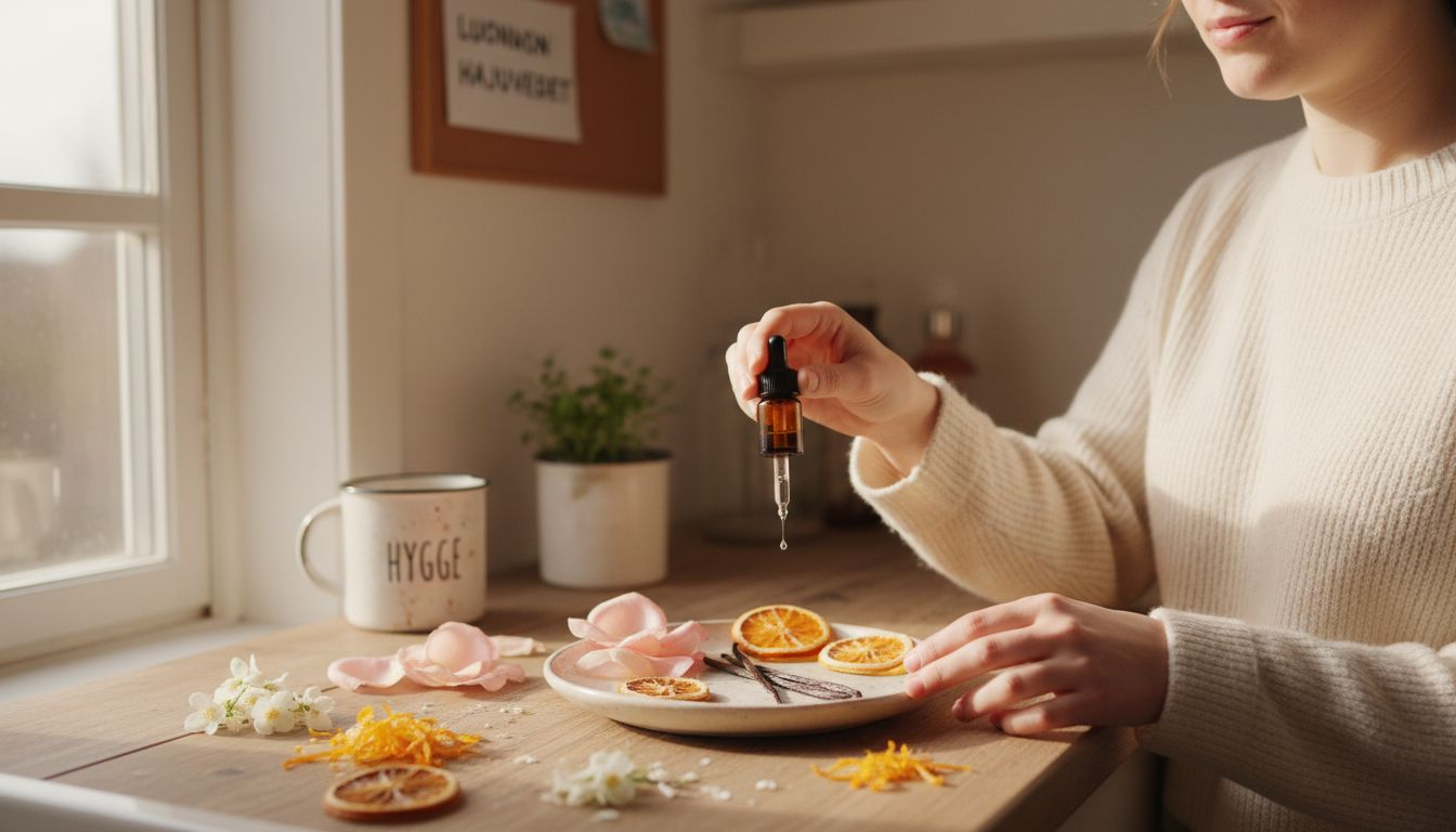 Nainen valmistaa tuoksuvaa kukkaisparfyymiä valitsemalla ja yhdistelemällä erilaisia kukkia ja kasveja.