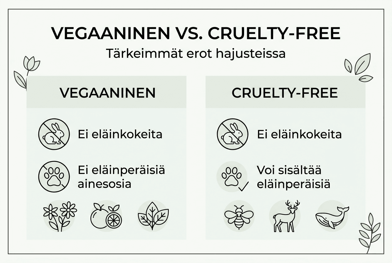 Infografiikka: Mitä eroa on vegaanisella ja eläinkokeettomalla hajuvedellä?