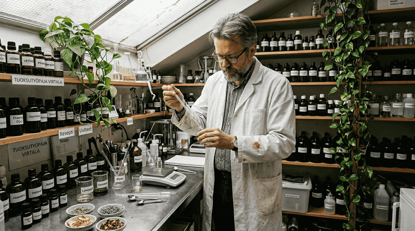 Parfyymintekijä kehittelee laboratoriossa uusia tuoksuja yhdistelemällä kasvipohjaisia raaka-aineita.