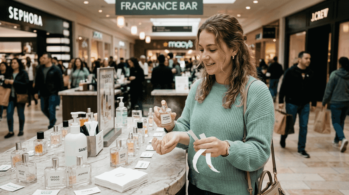 Woman sampling perfume at department store counter