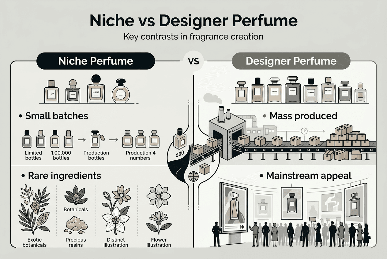 Infographic comparing niche and designer perfumes