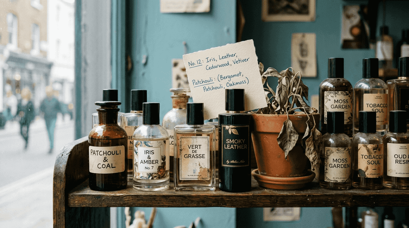 Shelf of niche perfume bottles in boutique