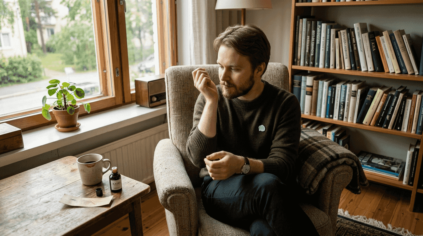 Mies kokeilee hajuvettä olohuoneessa, jonka sisustus on hillitty ja neutraali.