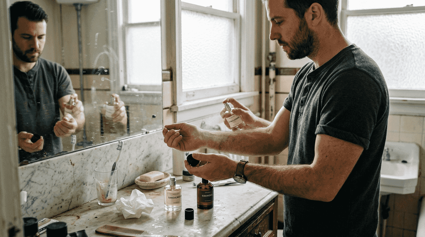 Man layering perfumes at bathroom vanity