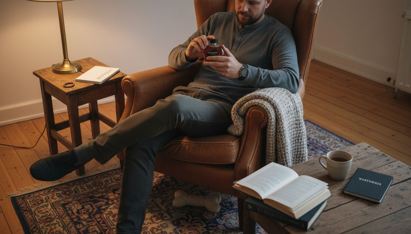 Mies pitelee meripihkan tuoksuista parfymia lämpimässä olohuoneessa.