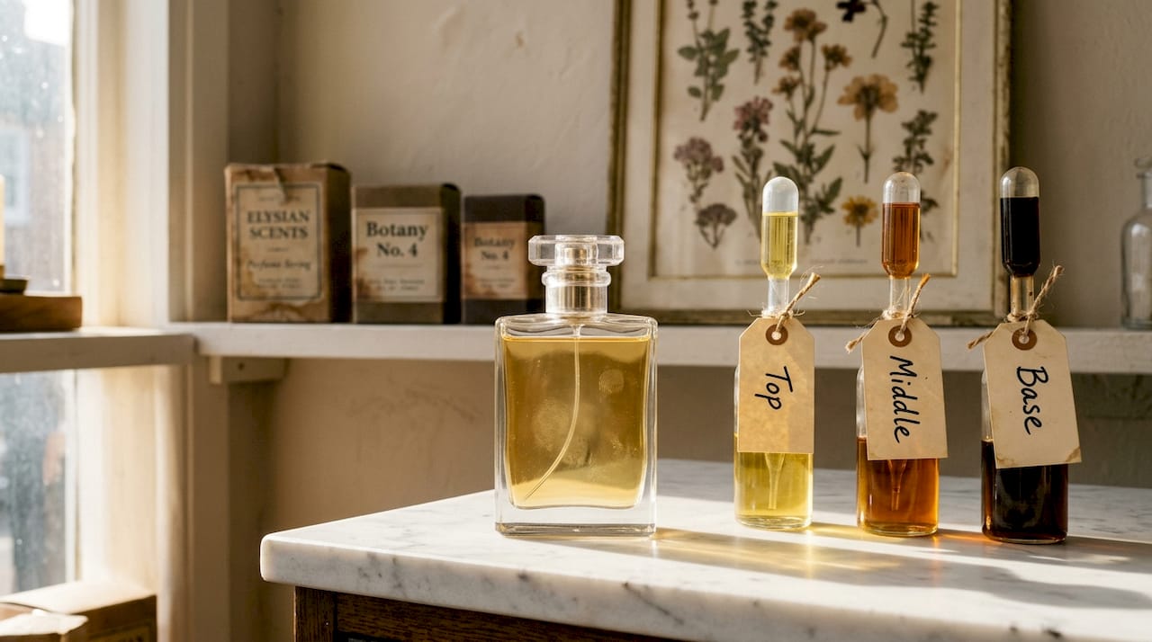 Perfume bottle with labeled note pipettes