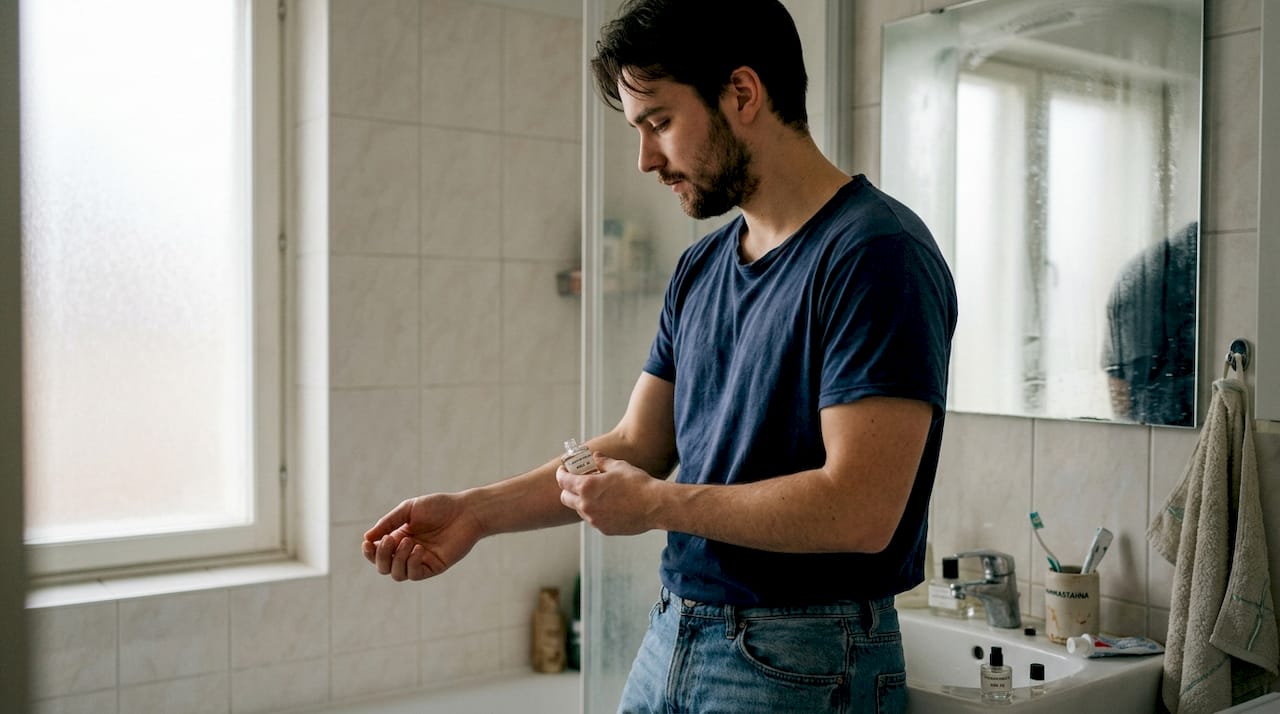 Mies testaa hajuvettä sivelemällä sitä käsivarteensa.