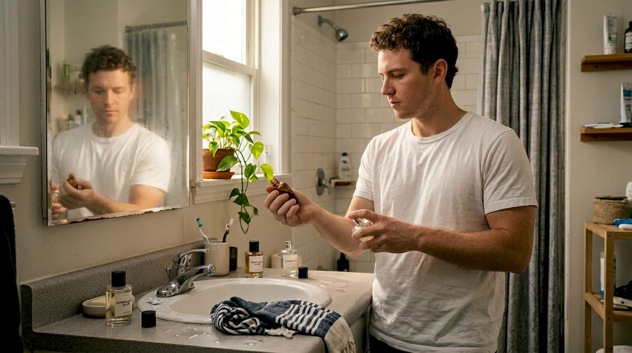 Man blending perfumes at bathroom counter