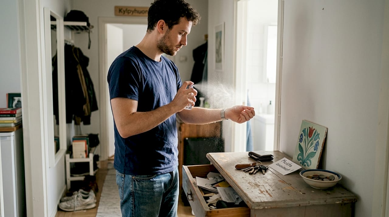 Mies suihkuttaa hajuvettä ranteeseensa eteisessä.