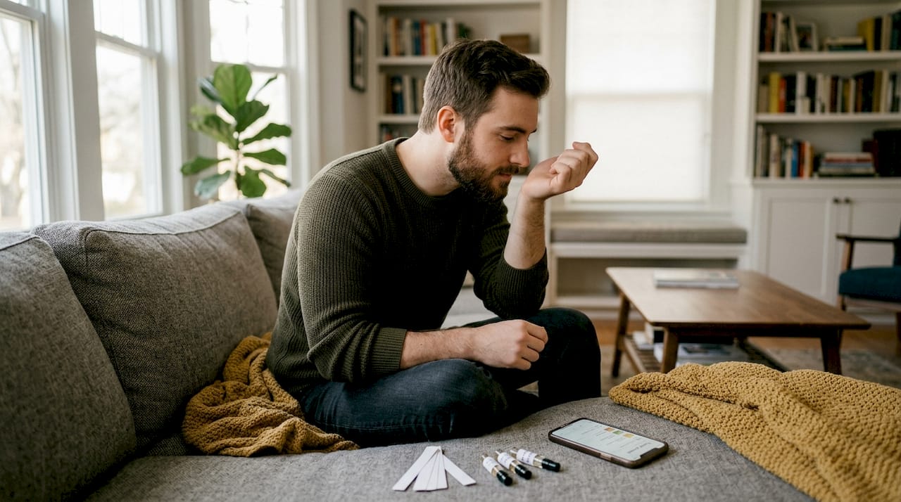 Man testing perfume sample on wrist