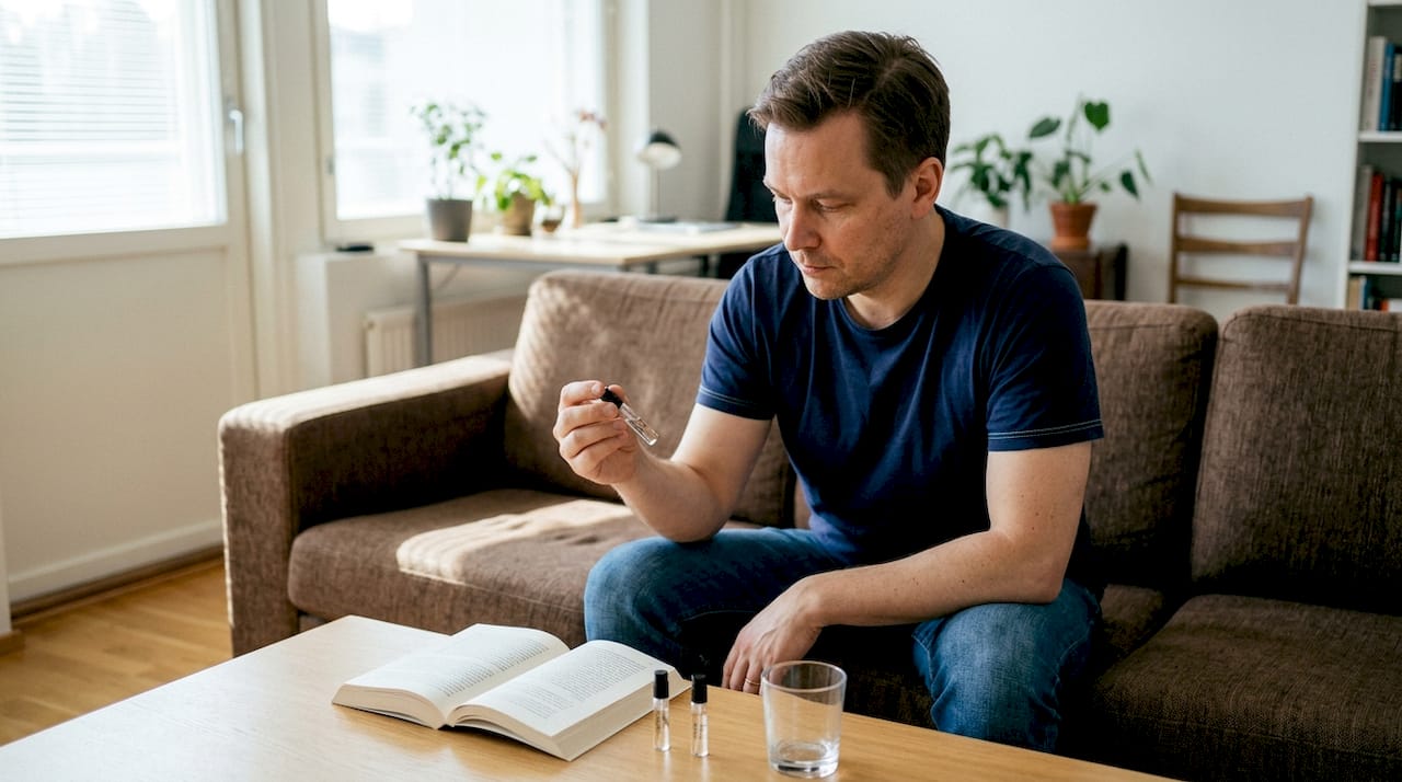 Mies tutkii tuoksunäytettä olohuoneessaan.