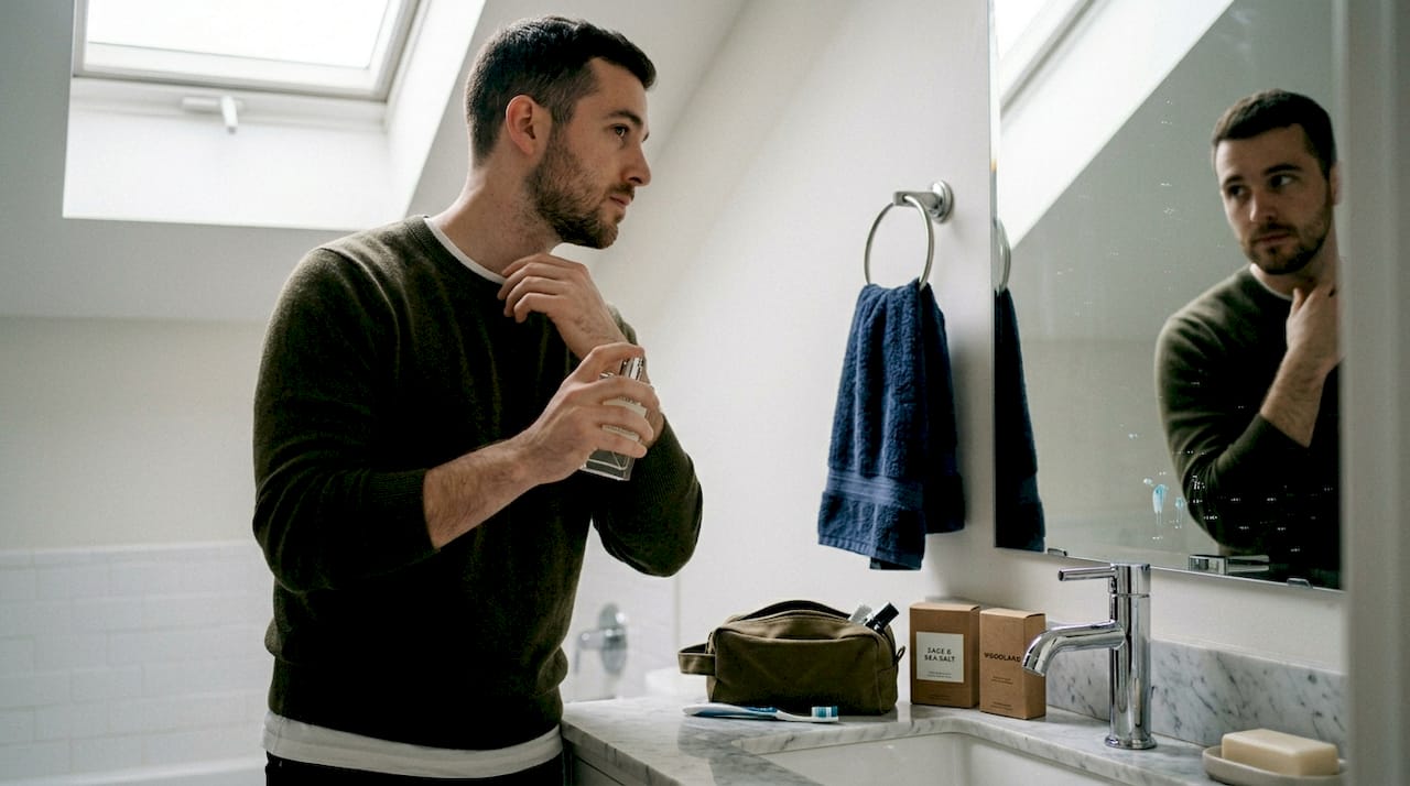 Man applying perfume to neck and wrists