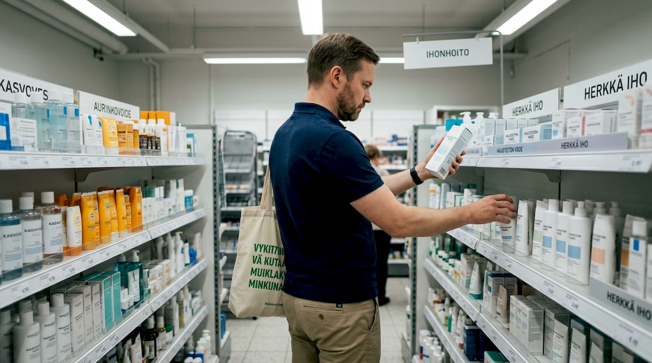 Mies valitsee apteekissa hajusteetonta kosteusvoidetta iholleen.
