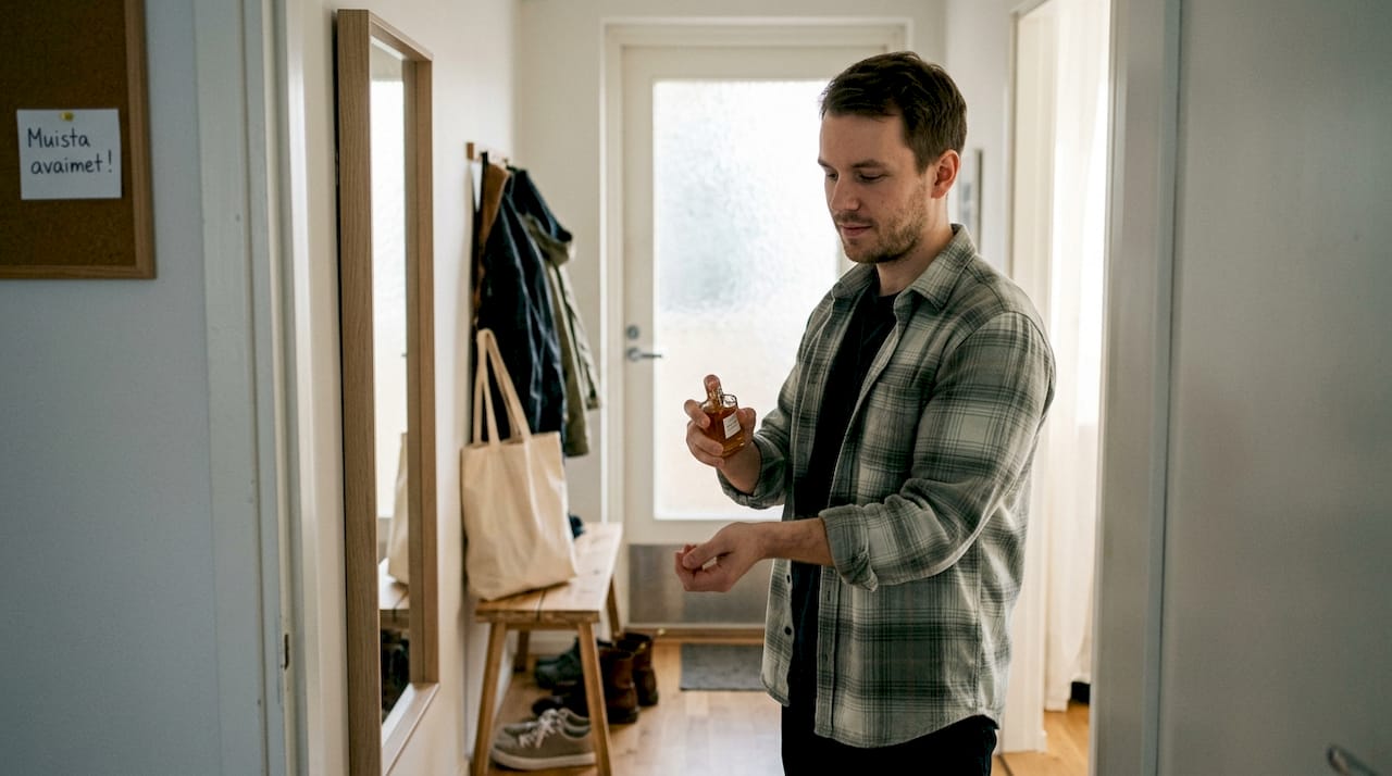 A man spraying perfume on his wrist in front of a hallway mirror.