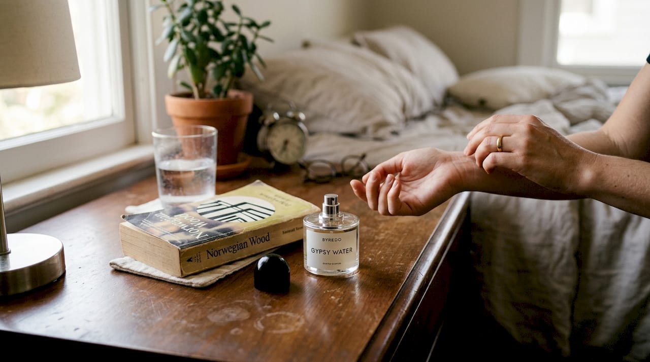 Applying Byredo Gypsy Water at bedside