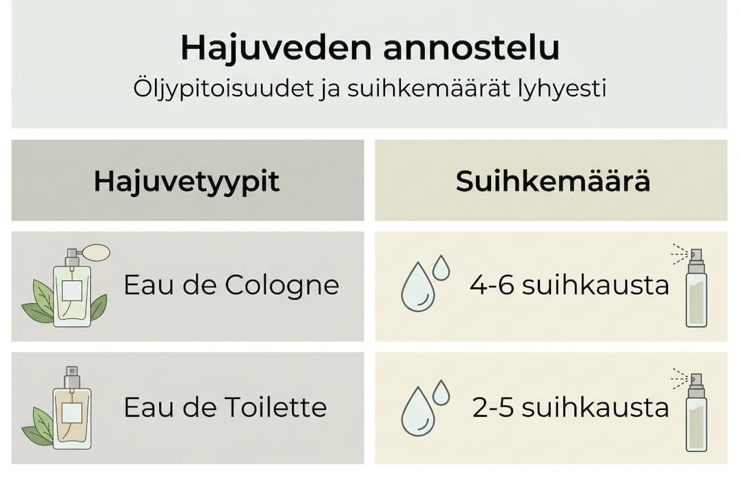Kuvallinen opas hajuveden oikeaoppiseen käyttöön ja suihkautusten määrään