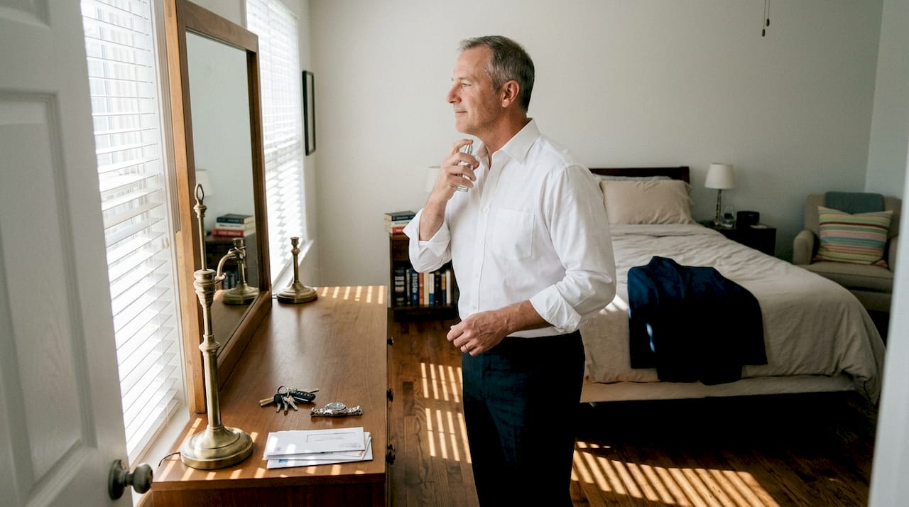 Mies suihkuttaa hajuvettä kaulalleen makuuhuoneessa.