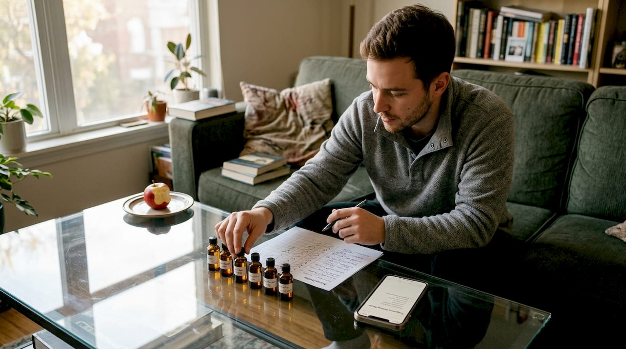 Person reviewing shortlist of fragrance samples