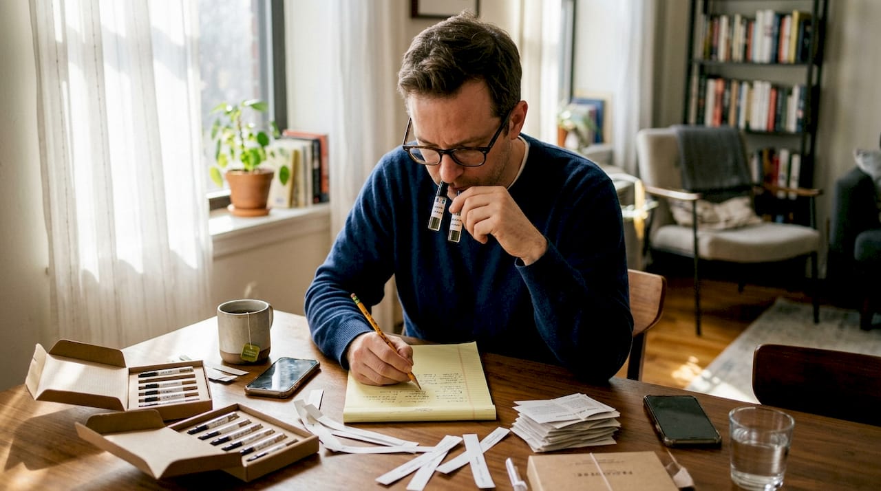 Man comparing perfume samples at table