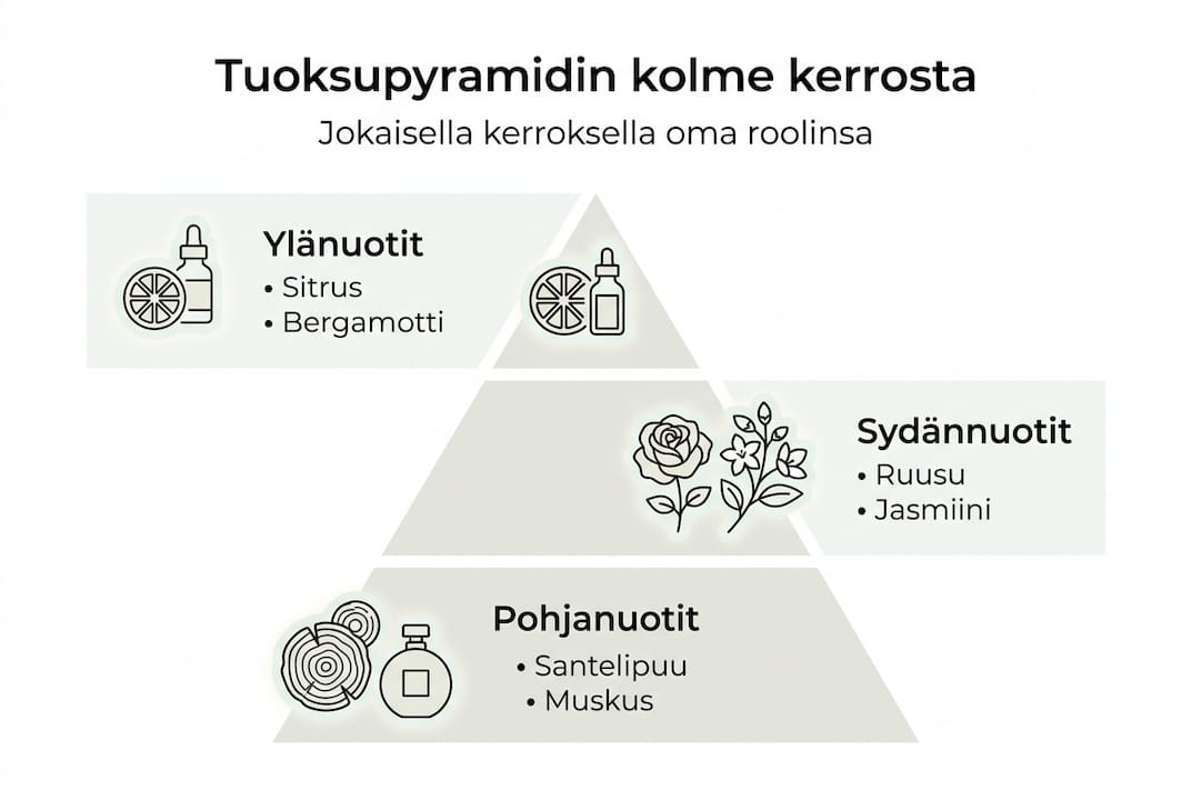 Havainnollistava kaavio tuoksupyramidin eri tasoista