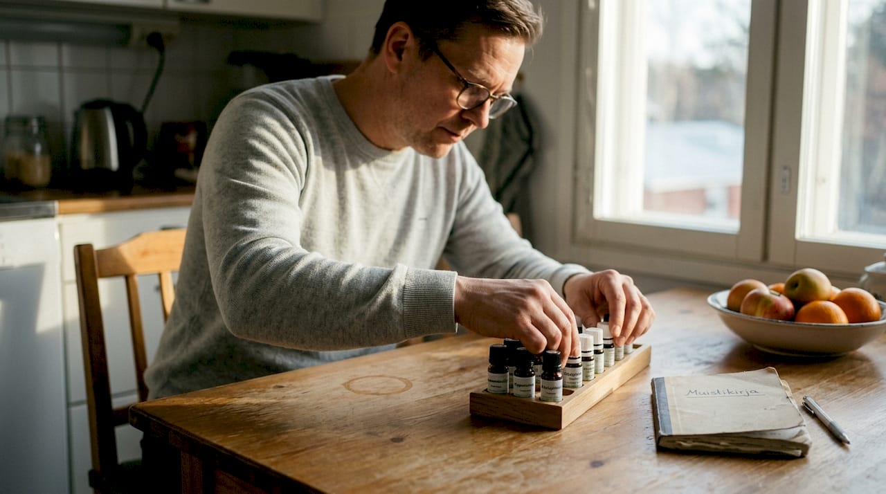 Mies tutkii hajuvesipulloja keittiön pöydän ääressä.