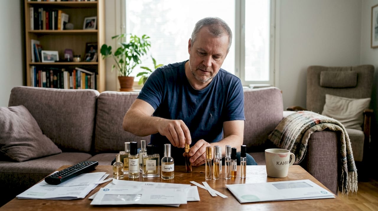 Man arranging assorted travel-size perfume bottles on a table.