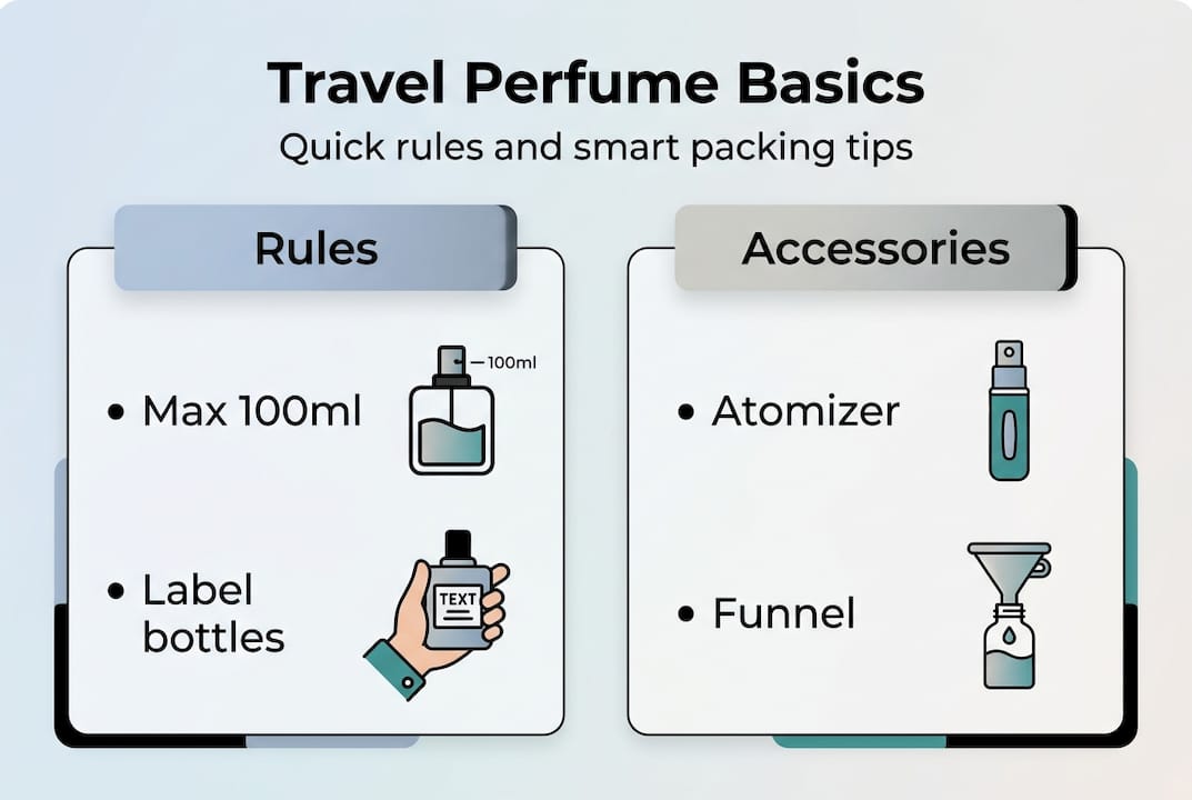Infographic with travel perfume rules and accessories