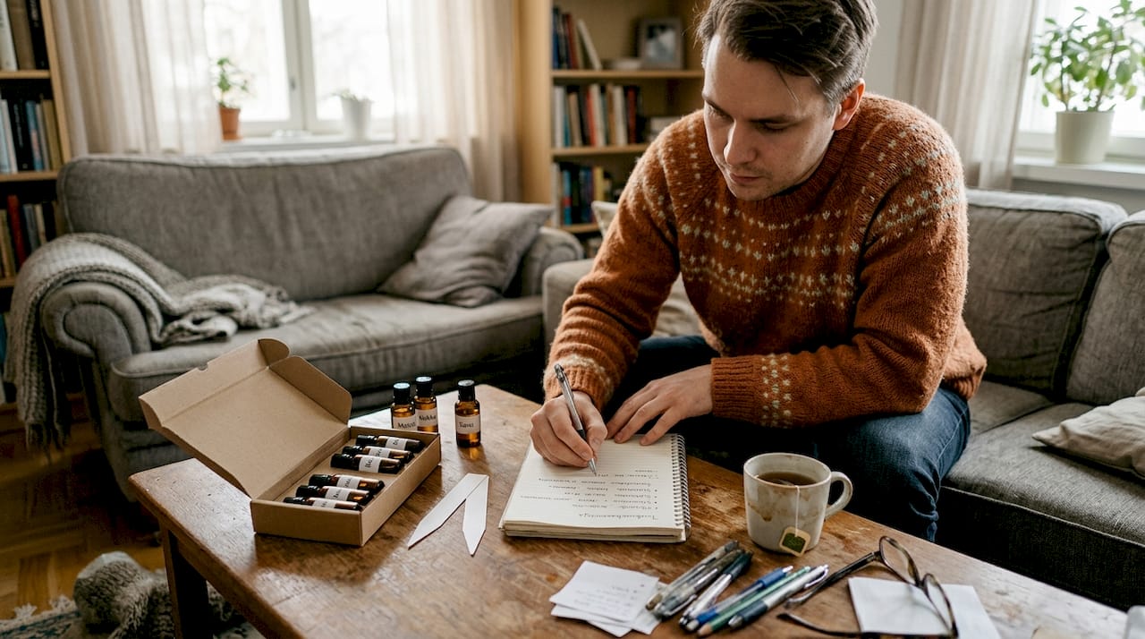 Mies vertailee hajuvesinäytteitä ja tekee muistiinpanoja vihkoonsa.