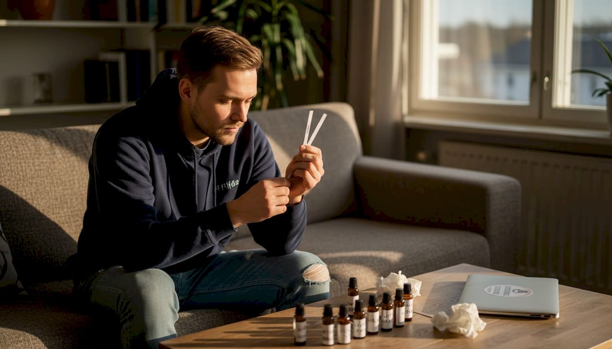 Mies kokeilee hajuvesiä sekä iholle että tuoksutikkuihin.